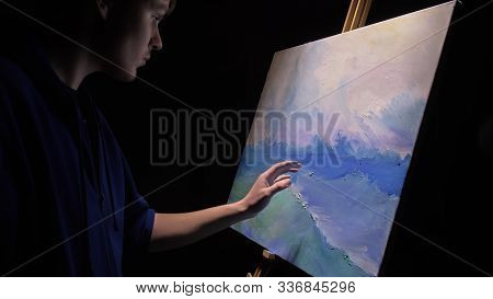 Artist Copyist Paint Seascape With Ship In Ocean. Craftsman Decorator Draw As Boat Sail On Blue Sea 