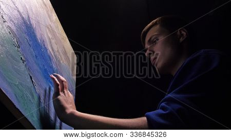 Artist Copyist Paint Seascape With Ship In Ocean. Craftsman Decorator Draw As Boat Sail On Blue Sea 