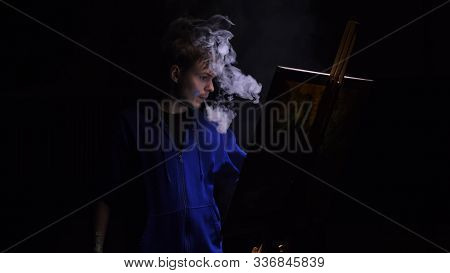 Artist Copyist Paint Seascape With Ship In Ocean. Vaper Smoke Vape E-cigarette. Craftsman Decorator 