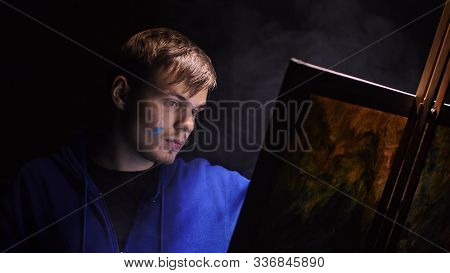 Artist Copyist Paint Seascape With Ship In Ocean. Vaper Smoke Vape E-cigarette. Craftsman Decorator 