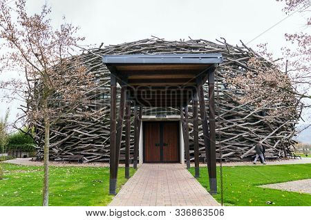 Olbramovice, Czech Republic - November 23 2019: Storks Nest Riding Arena Covered With Wood Resemblin