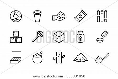 Sugar Line Icon. Candies And Coffee Sweeteners, Sugar In Cubes Bags And Packages, Cane And Stevia Or