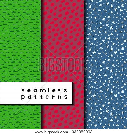 Reptile Skin, Berry Compote And Winter Snowflakes Funny Seamless Patterns. Hand Drawn. Doodle Style.