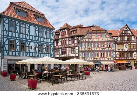 Schmalkalden, Germany - May 31 , 2019: Tourists At A Cafe In The Historic Old Town Of Schmalkalden I