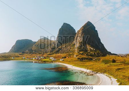 Sea And Sandy Beach With Mountain Rocks View In Norway Landscape Traena Islands Travel Destinations 