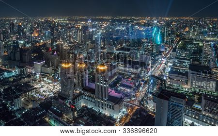 Aerial Panoramic Cityscape View Of Bangkok With Street Lights At Night