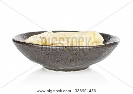 Group Of Three Slices One Piece Of Sweet Yellow Banana In Glazed Bowl Isolated On White Background