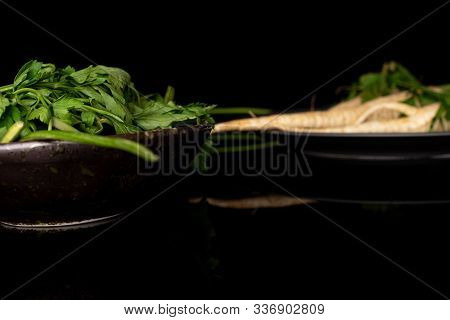 One Whole Hamburg White Parsley Root On Gray Ceramic Plate In Glazed Bowl Isolated On Black Glass