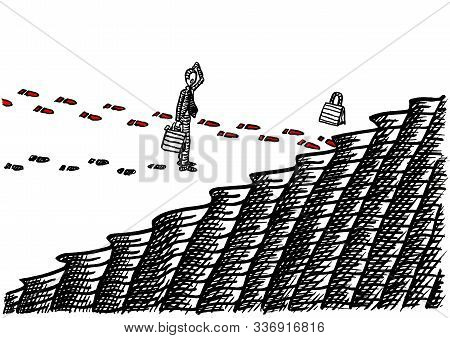 Freehand Drawing Of Business Man Puzzled By Shoe Print Track Ending At Edge Of Ravine. Metaphor For 