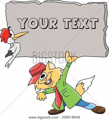 Cartoon Cat Wearing A Green Coat,red Hat And A Red Bow Tie Holding A Blank Banner In His Hands Vecto