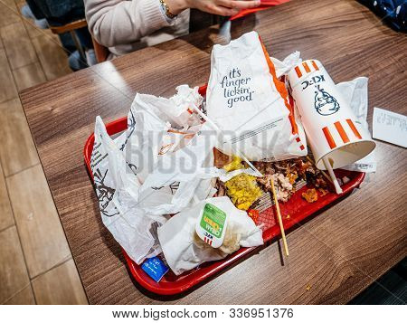 Nice, France - Nov 24, 2019: Overhead View Of Tray With Multiple Kfc Kentucky Fried Chicken Food Was