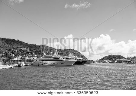 Gustavia. St. Barts-january 25, 2016: Vacation Sea Beach. Tropical Island. Shore Marine Ships Docks 