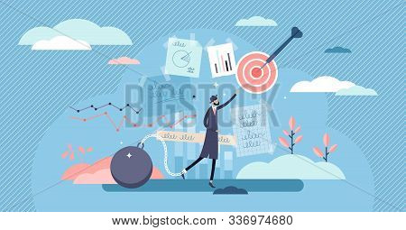 Stuck Vector Illustration. Business Stagnation In Flat Tiny Persons Concept. Abstract Scene With Bus