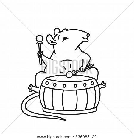Rat Chinese New Year Symbols. Cute Mouse Play Drum Vector Outline Black White Cartoon Isolated Illus