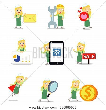 Set Of Work Buthcer Woman In Market