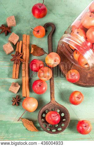Paradise Apples, On The Wooden Table In The Rustic Style, Iron Mug