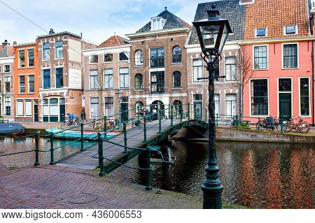 Leiden, Netherlands, April 3, 2018 - Cityscape Of Leiden, The Netherlands. View Of New Rhine River A