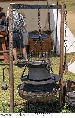 Eungella, Queensland, Australia - October 2021: Cooking Equipment Replicas Used By Medieval Vikings 