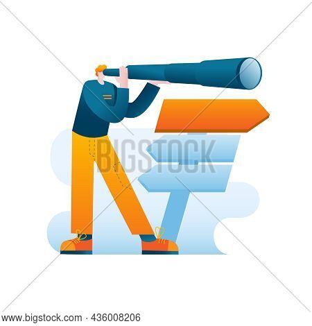 A Young Man In Casual Clothes Looks Through A Telescope. The Man Stands Next To The Pointer And Choo
