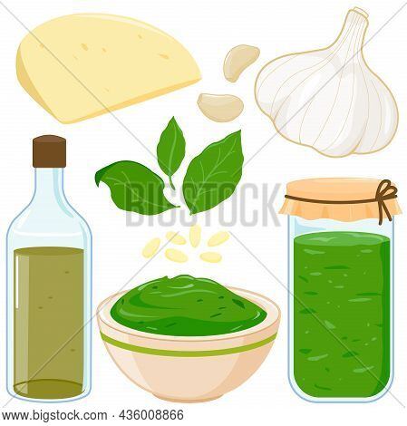 Ingredients For Traditional Italian Pesto Sauce, Bowl And Jar Of Pesto Dip. Vector Illustration
