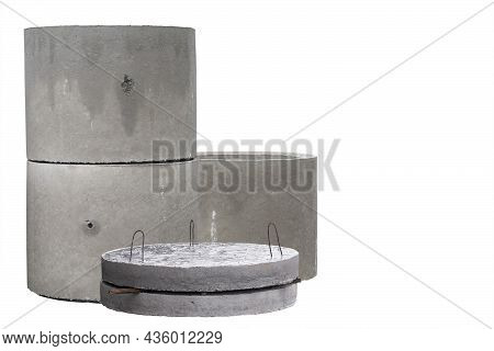 Samples Of Reinforced Concrete Products For Walls And Sewers Isolated On A White Background With Cop