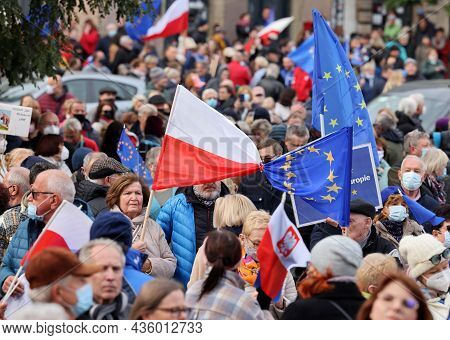 Cracow; Poland - Oct 10; 2021: We Stay; The Government Leaves! People Protest Against The Verdict Of