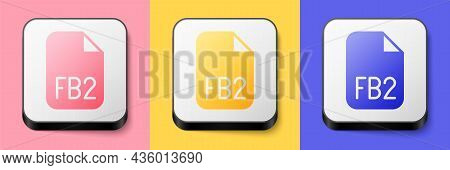 Isometric Fb2 File Icon Isolated On Pink, Yellow And Blue Background. Square Button. Vector