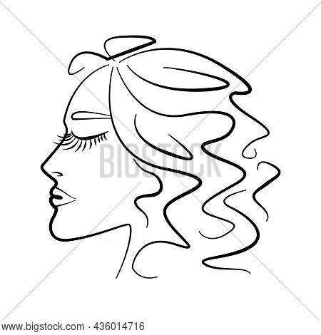 Beautiful Abstract Monochrome Female Face Profile. Line Art Fashion Illustration
