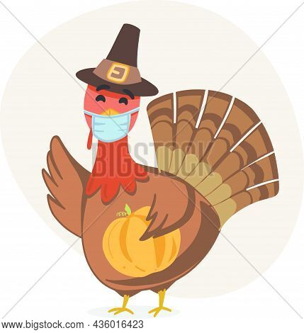 Thanksgiving Turkey Wearing Face Mask While Cooking. Cute Turkey Character For Children's Book. Fall