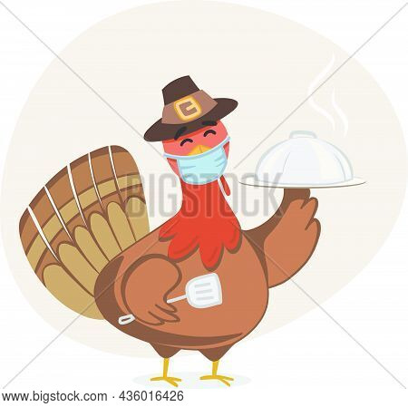 Thanksgiving Turkey Wearing Face Mask While Cooking. Cute Turkey Character For Children's Book. Fall