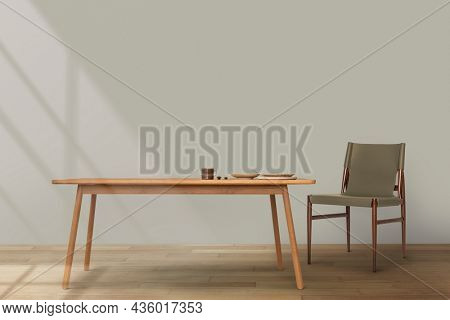 Japandi dining room interior design with wooden table