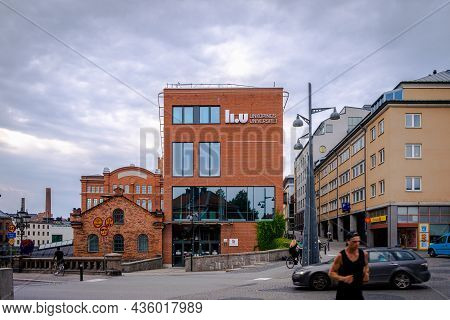 Norrkoping, Sweden - July 27, 2021: Front Facade View Of Linkoping University Campus Building With I