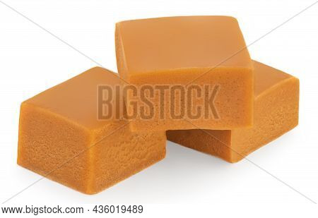 Caramel Candies Isolated On White Background. Caramel Fudge Closeup