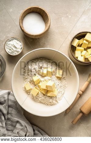 Baking Pastry Concept - Mixing Dough From Butter And Flour. Cooking A Desset, Pie, Cookies