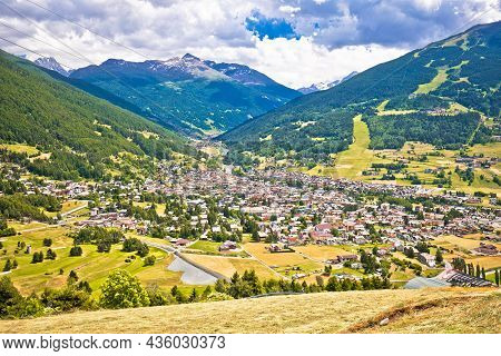 Town Of Bormio In Dolomites Alps Landscape View, Province Of Sondrio, Lombardy, Italy