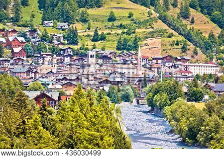 Town Of Bormio In Dolomites Alps Landscape View, Province Of Sondrio, Lombardy, Italy