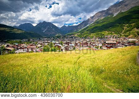 Town Of Bormio In Dolomites Alps Green Landscape View, Province Of Sondrio, Lombardy, Italy