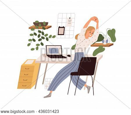 Person Doing Exercises And Stretching At Break After Work At Office Desk. Healthy Workout At Workpla