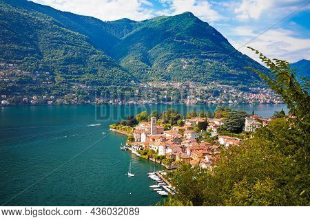 Idyllic Town Of Torno On Como Lake Aerial View, Lombardy Region Of Italy