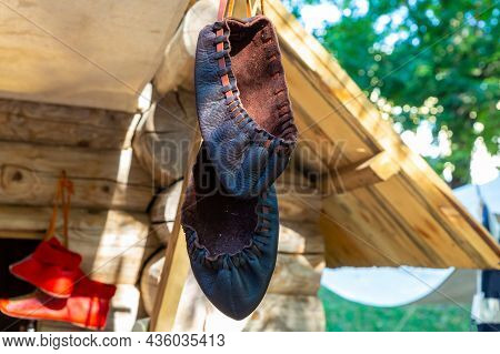 Peasant Leather Shoes Traditional Element Clothing Close Up