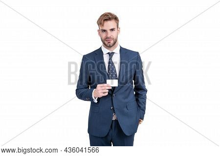 Businessman Man In Suit Showing Empty Credit Or Debit Business Card, Copy Space, Business.