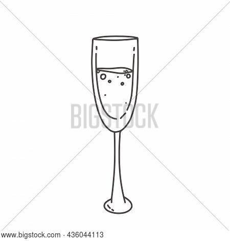Glass Of Champagne Of Champagne Doodle Icon Isalated On White Black White