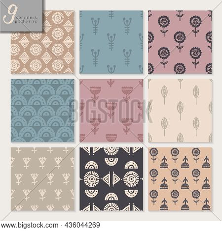 Set Of Nine Hand Drawn Seamless Abstract Patterns In Amasing Color Palette.