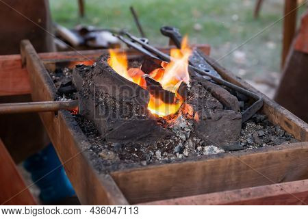 Fire Burns In The Forge Forge Preparation For Forging Metal