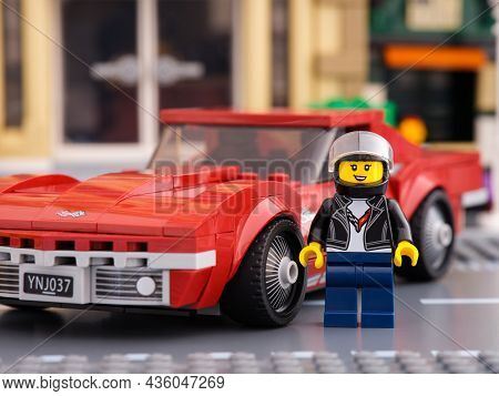 Tambov, Russian Federation - July 02, 2021 Lego 1968 Chevrolet Corvette Race Car Driver Minifigure B
