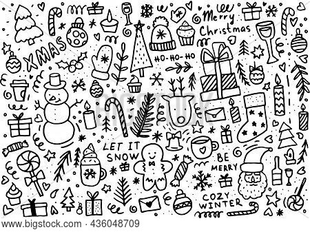 Doodle Christmas Background. Winter Elements For Greeting Cards, Posters, Stickers And Seasonal Desi