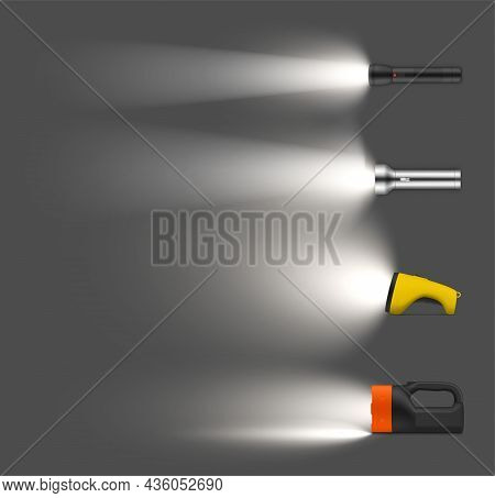 Glowing Flashlights Set Realistic Vector Illustration Electric Handy Portable Lamp Night Searching
