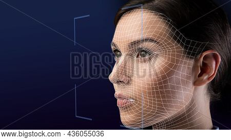 Close Up Portrait Face Of Serious Caucasian Young Woman, Double Exposure Face Scan Of Lady For Face 