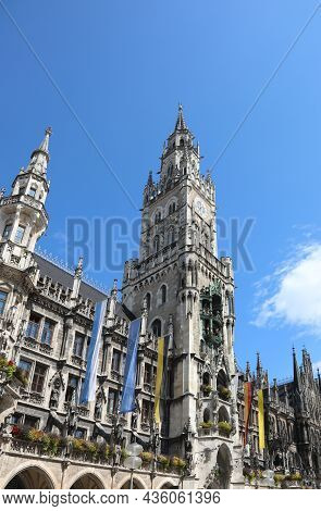 Detail Of The High Tower Of The New Town Hall Also Called Rathaus Of The City Of Munich With The Fla