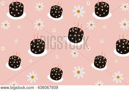 Birthday cake patterned background with daisy flowers cute hand drawn style